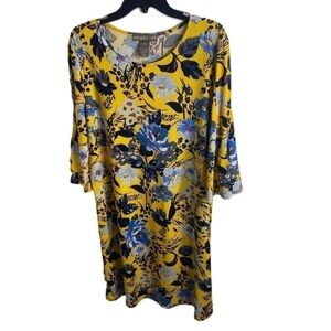 Alexandra + Oak Floral Dress XXL Yellow Blue Bell Cap Sleeves Long Sleeve